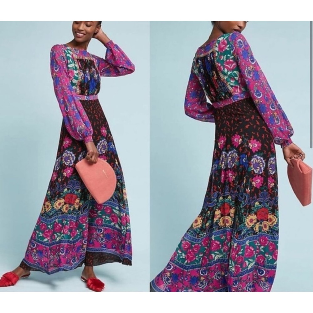 Anthropologie Floral Patchwork Maxi Dress in Black, Pink, Blue